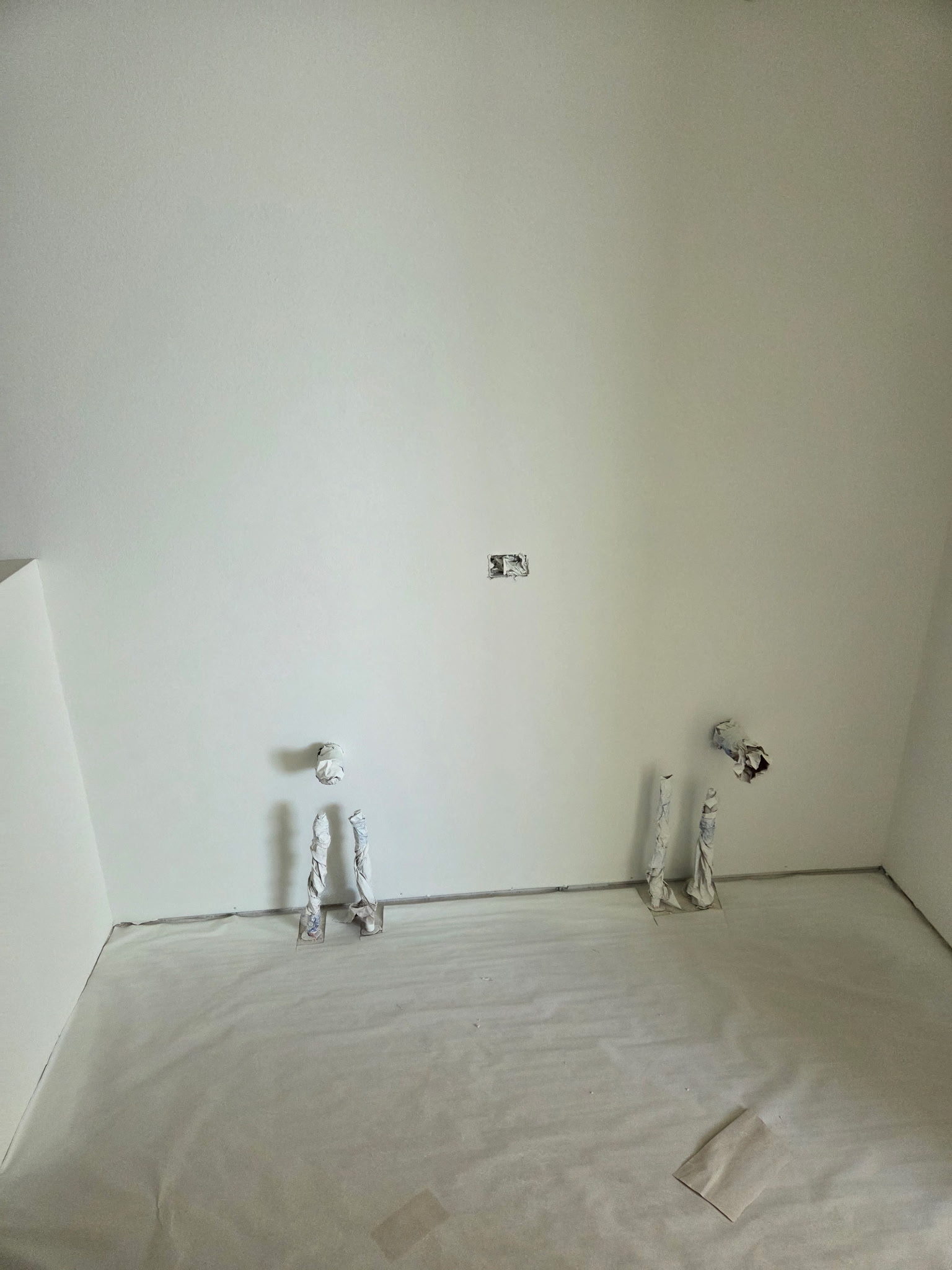 Gutted bathroom with bare drywall and plumbing stub-outs before remodel